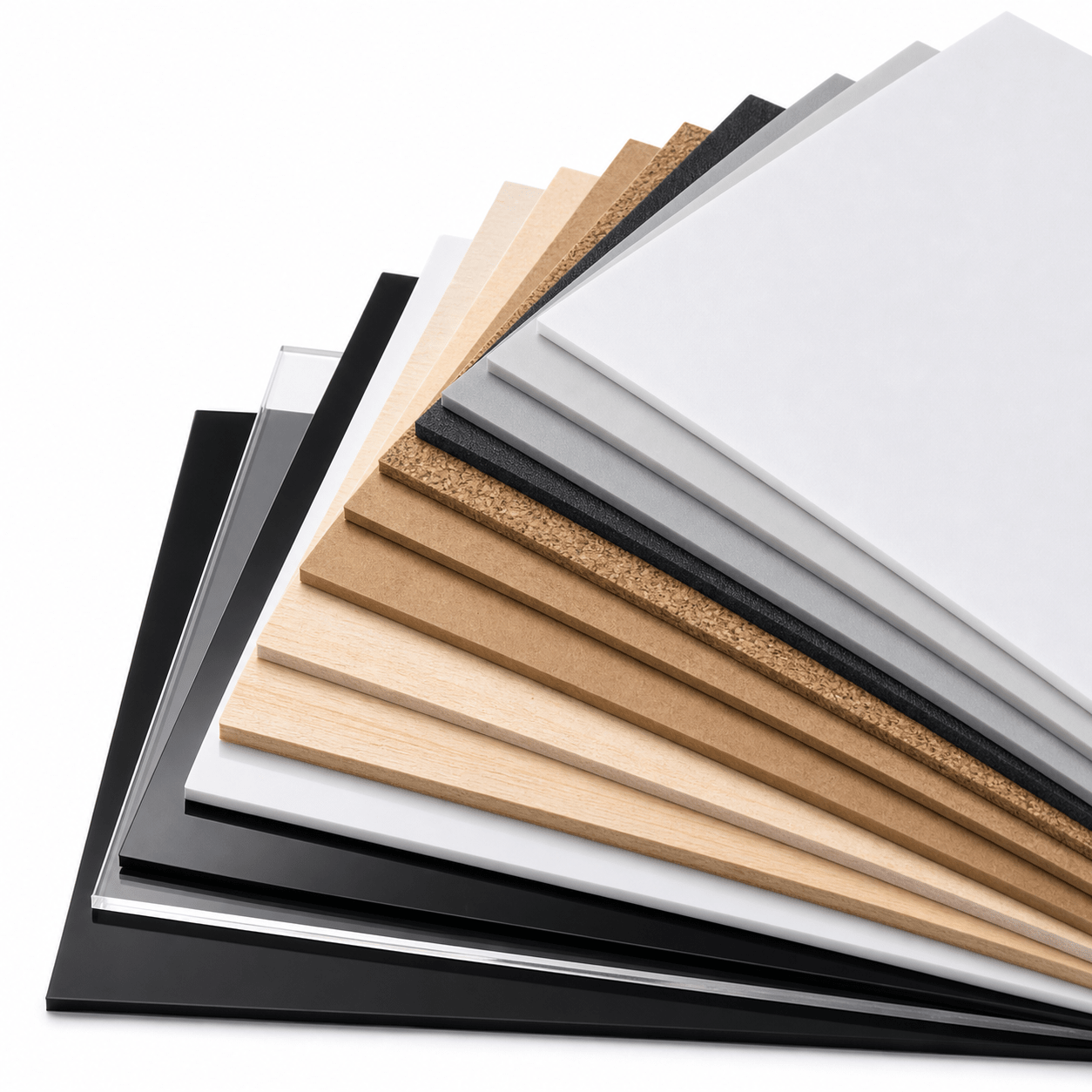 Éventail d’échantillons de bois, MDF, mousse et acrylique du pack de démarrage pour lasers CO2