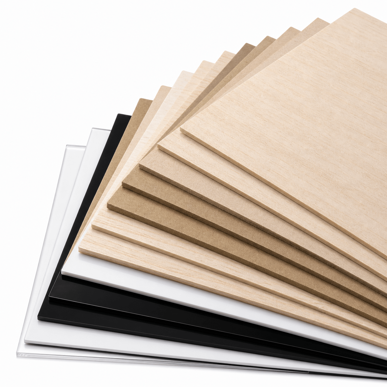 Éventail d’échantillons de MDF, bois et acrylique du bundle atelier
