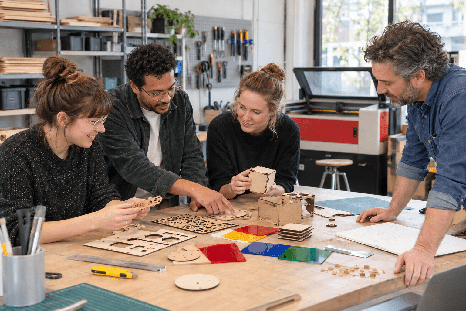Gemeinsam an Laserprojekten im Makerspace arbeiten