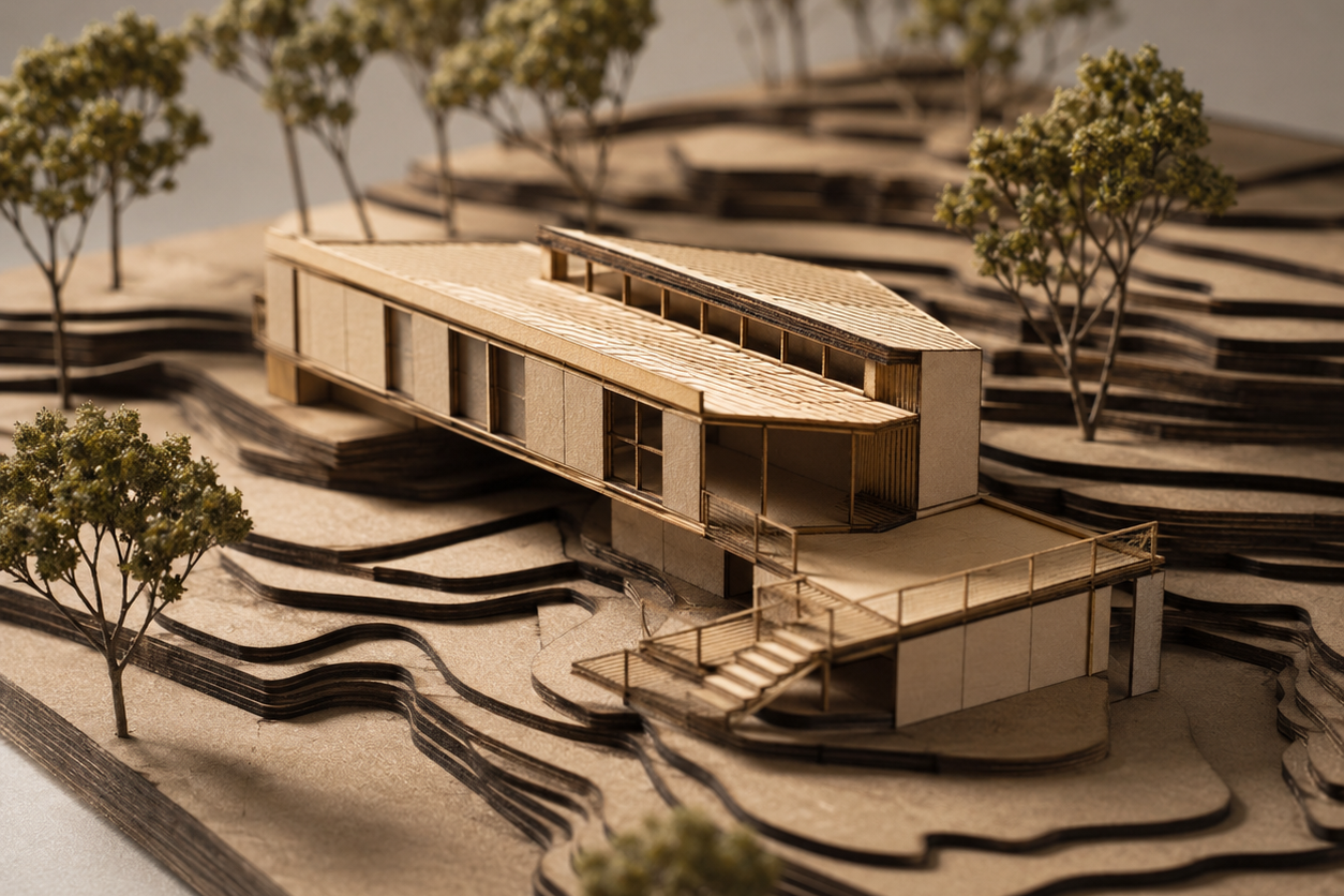 Modèle architectural d'un bâtiment moderne dans un paysage en couches