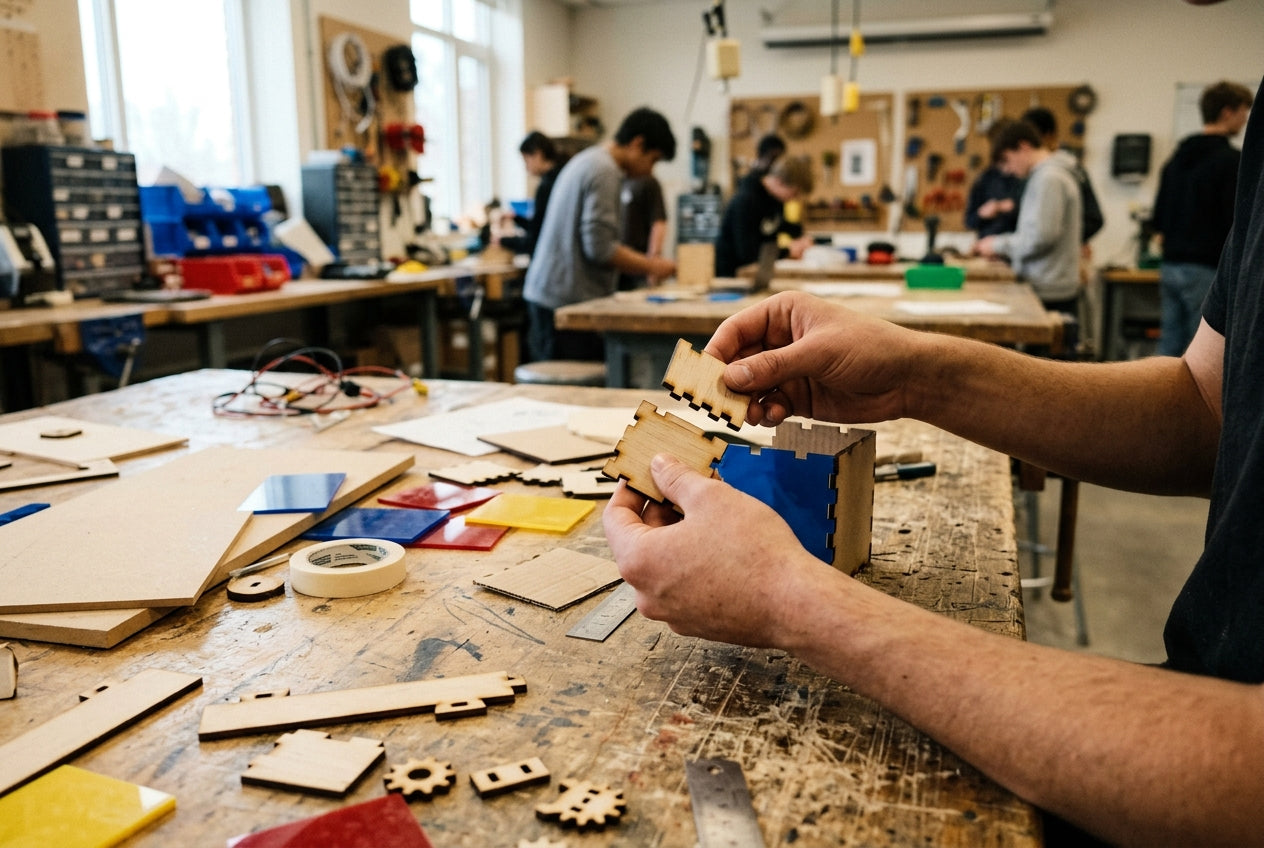 Deelnemers werken met materialen tijdens een creatieve workshop