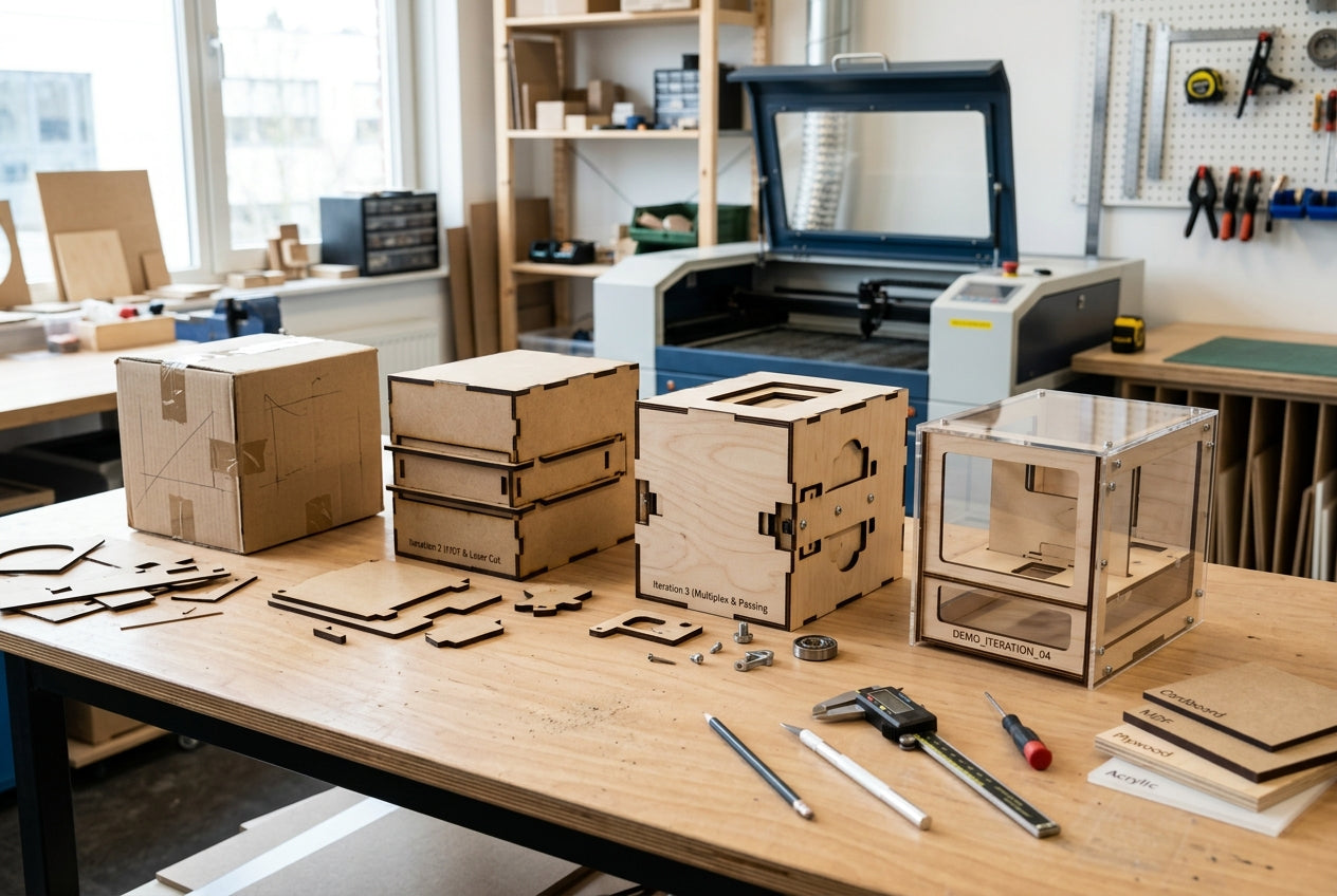 Prototypes en carton et bois sur une table de travail