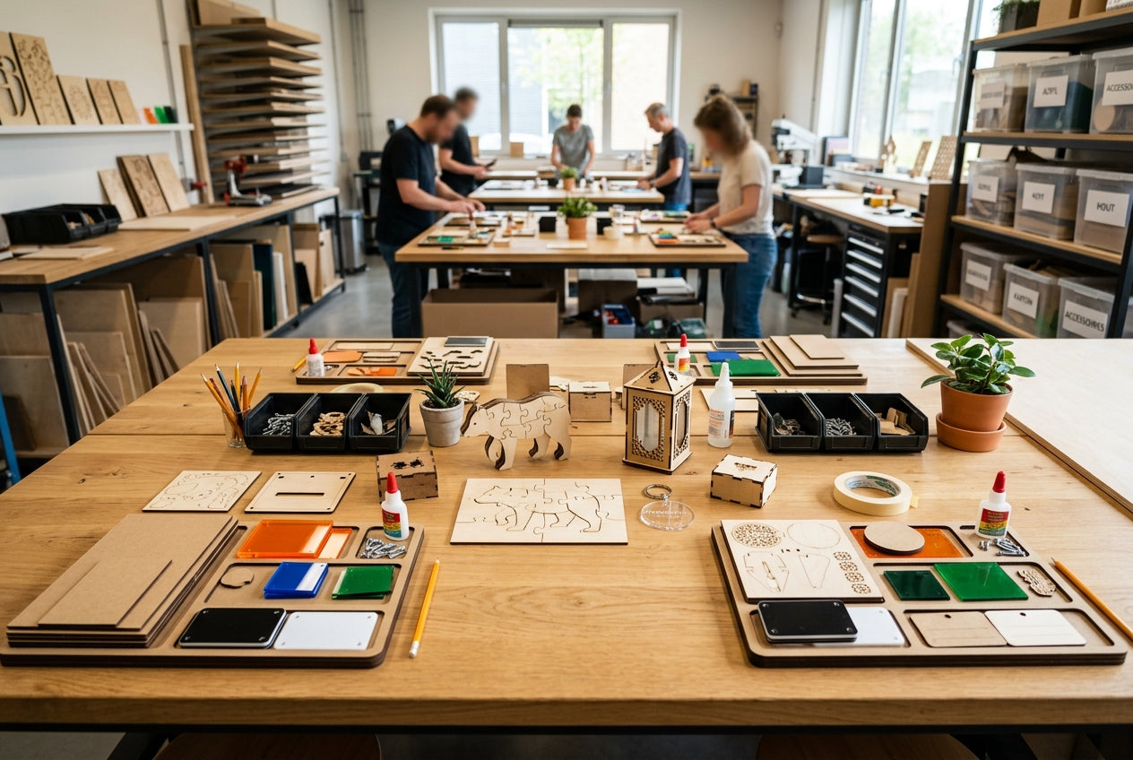 Table d'atelier créatif avec matériaux, échantillons et outils